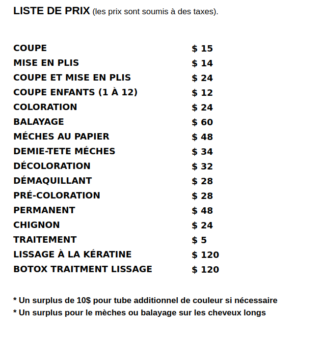 St-Laurent Academie de coiffure price list
