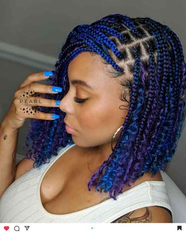 black and blue short knotless cornrows braids
